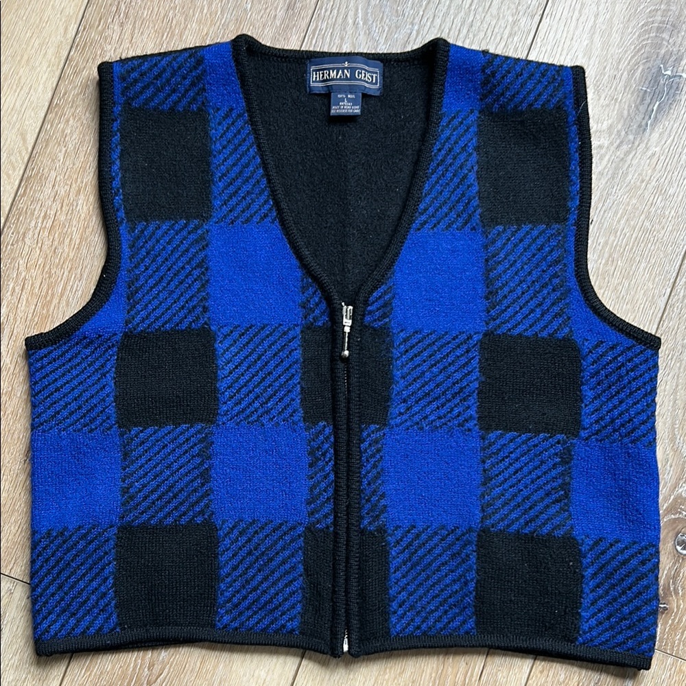 Vintage Herman Geist 100% Wool Zip Front Black Blue Plaid Vest Large